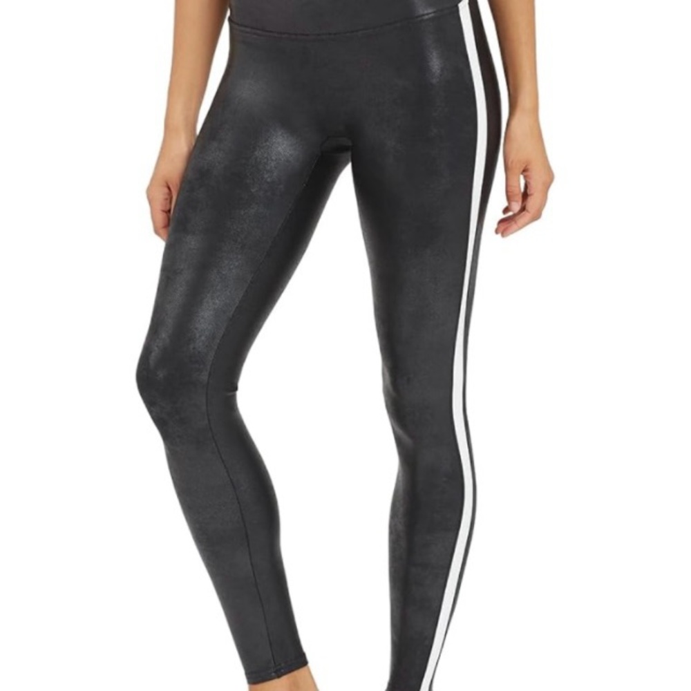 SPANX Faux Leather Leggings with White Accent Stripe